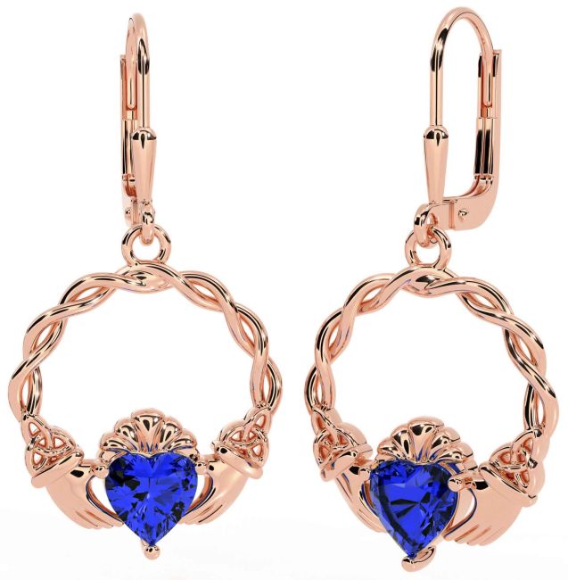 Sapphire Rose Gold Celtic Claddagh Trinity Knot Dangle Earrings