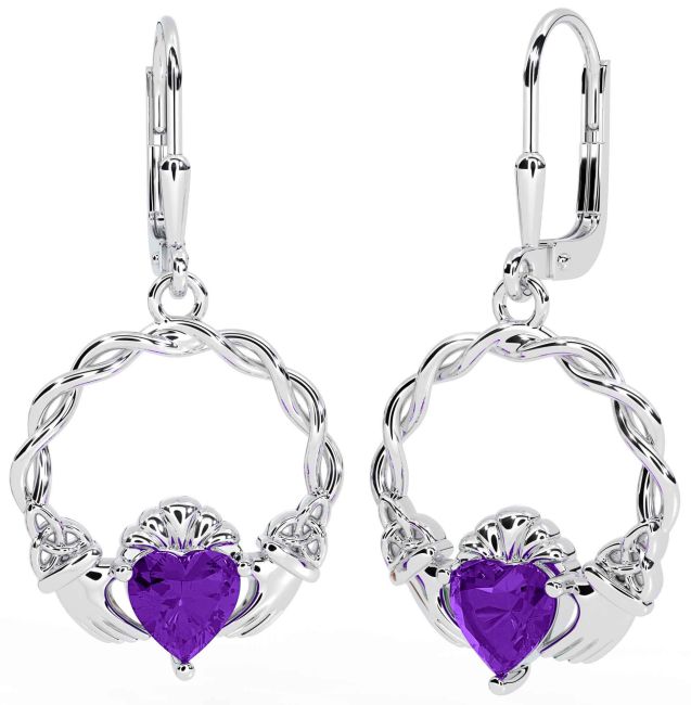 Amethyst White Gold Celtic Claddagh Trinity Knot Dangle Earrings