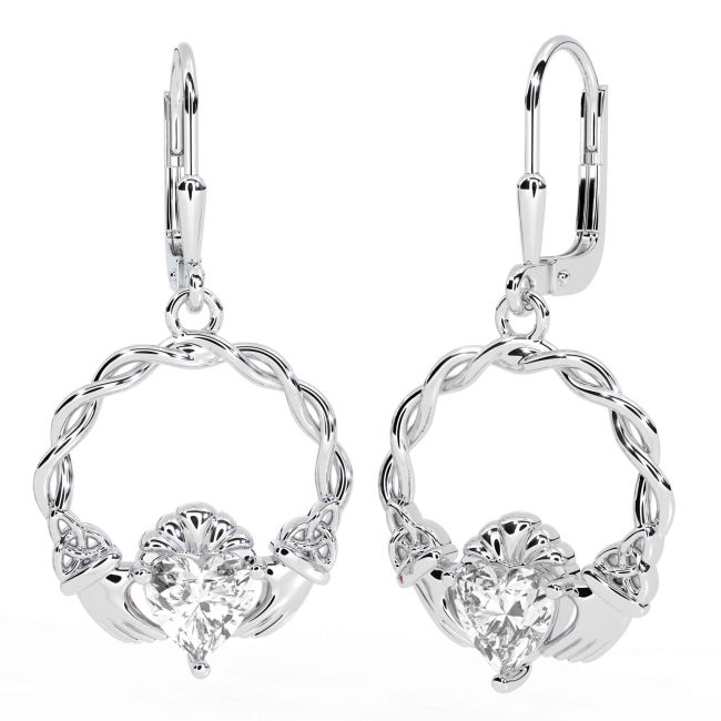 Diamond White Gold Celtic Claddagh Trinity Knot Dangle Earrings