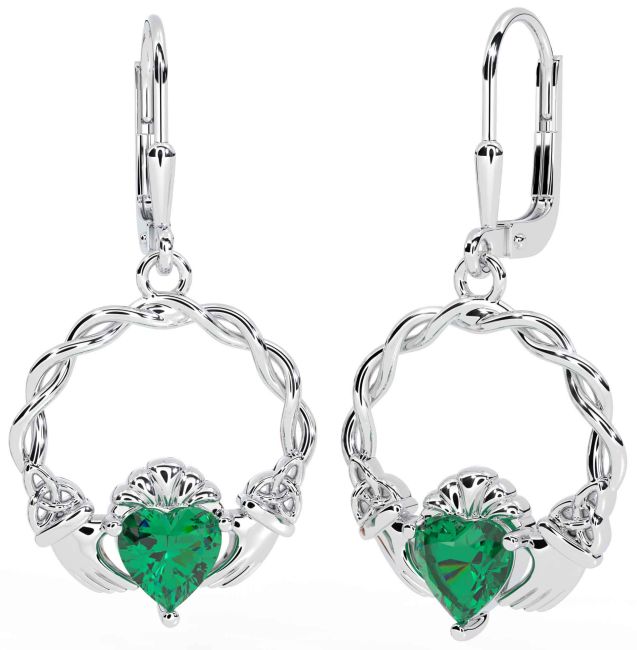 Emerald White Gold Celtic Claddagh Trinity Knot Dangle Earrings