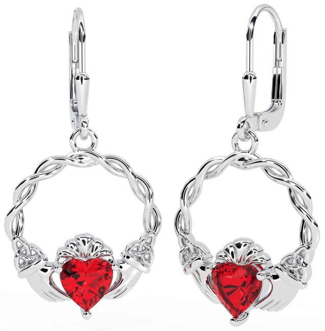 Ruby White Gold Celtic Claddagh Trinity Knot Dangle Earrings