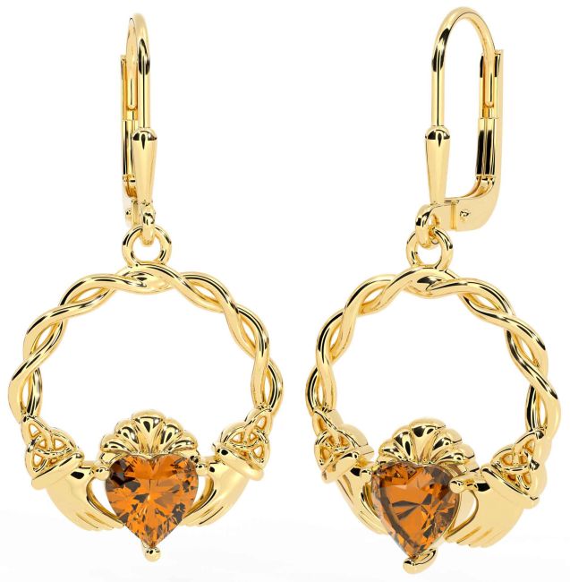 Citrine Gold Celtic Claddagh Trinity Knot Dangle Earrings