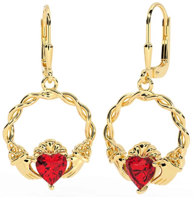 Ruby Gold Celtic Claddagh Trinity Knot Dangle Earrings