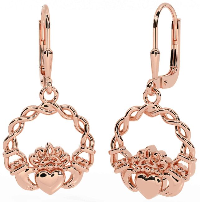 Rose Gold Silver Celtic Claddagh Dangle Earrings