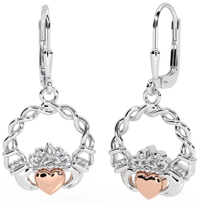 White Rose Gold Celtic Claddagh Dangle Earrings