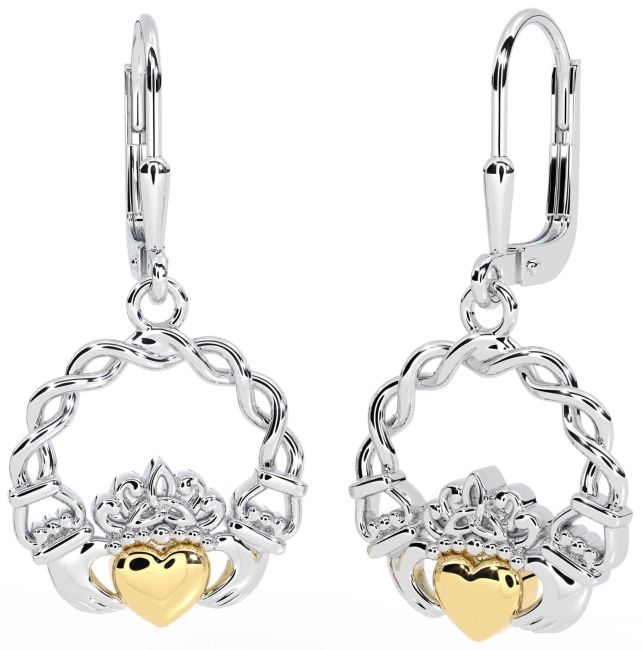 White Yellow Gold Celtic Claddagh Dangle Earrings