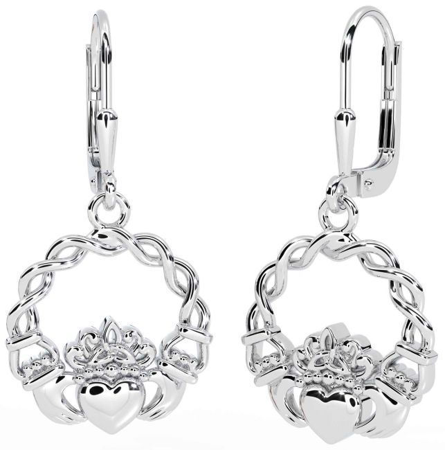 White Gold Celtic Claddagh Dangle Earrings