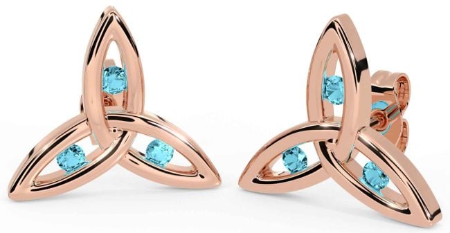 Aquamarine Rose Gold Silver Celtic Trinity Knot Stud Earrings