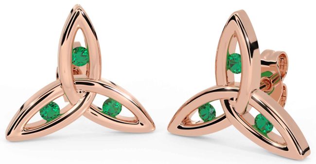 Emerald Rose Gold Silver Celtic Trinity Knot Stud Earrings