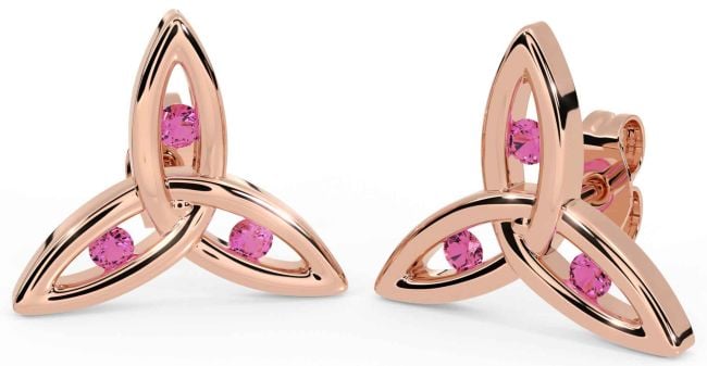 Pink Tourmaline Rose Gold Silver Celtic Trinity Knot Stud Earrings