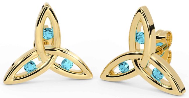 Aquamarine Gold Silver Celtic Trinity Knot Stud Earrings