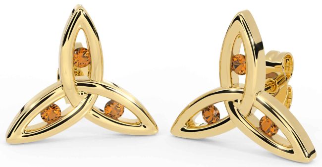 Citrine Gold Silver Celtic Trinity Knot Stud Earrings