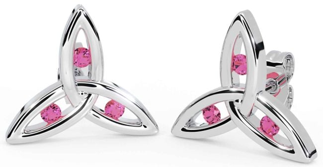 Pink Tourmaline Silver Celtic Trinity Knot Stud Earrings
