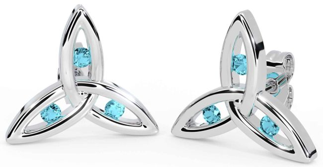 Aquamarine White Gold Celtic Trinity Knot Stud Earrings