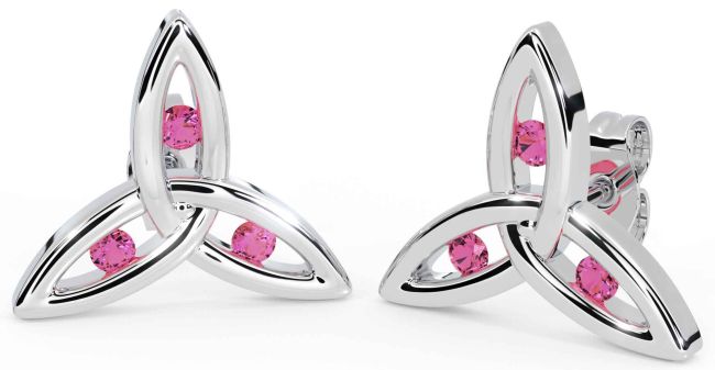Pink Tourmaline White Gold Celtic Trinity Knot Stud Earrings