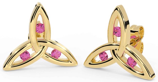 Pink Tourmaline Gold Celtic Trinity Knot Stud Earrings