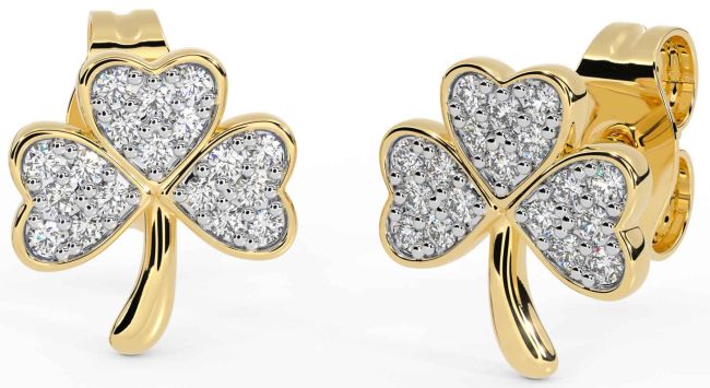 Diamond Gold Silver Shamrock Stud Earrings