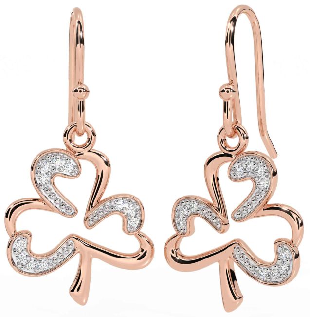 Diamond Rose Gold Silver Shamrock Dangle Earrings