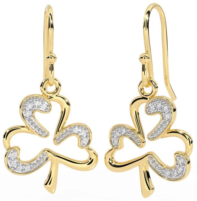 Diamond Gold Silver Shamrock Dangle Earrings