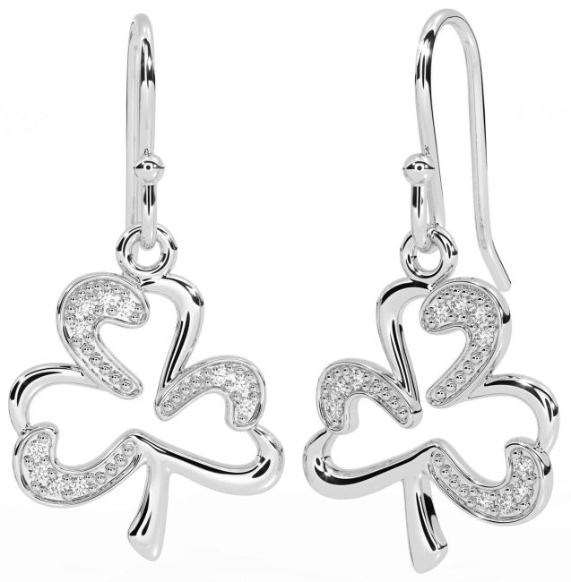 Diamond Silver Shamrock Dangle Earrings