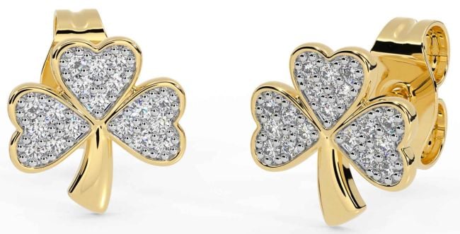Diamond Gold Silver Shamrock Stud Earrings