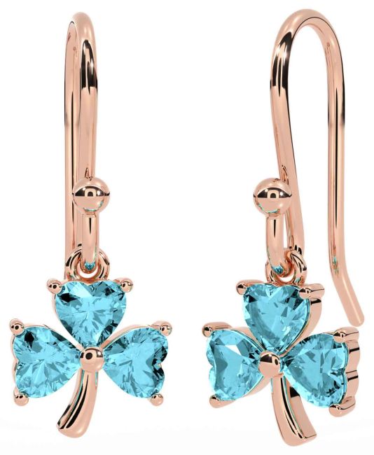 Aquamarine Rose Gold Silver Shamrock Dangle Earrings