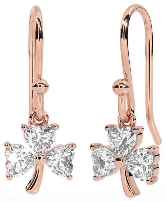 Diamond Rose Gold Silver Shamrock Dangle Earrings