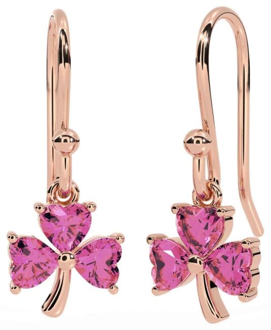 Pink Tourmaline Rose Gold Silver Shamrock Dangle Earrings