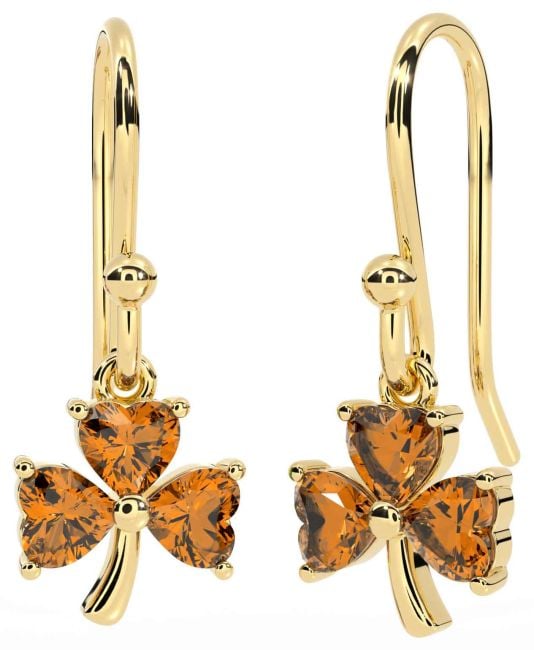 Citrine Gold Silver Shamrock Dangle Earrings