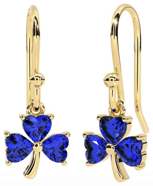 Sapphire Gold Silver Shamrock Dangle Earrings