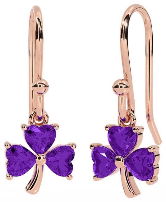 Amethyst Rose Gold Shamrock Dangle Earrings