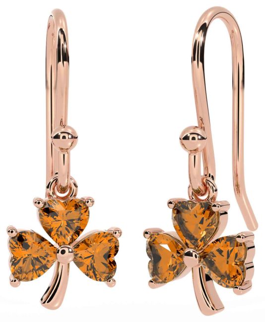 Citrine Rose Gold Shamrock Dangle Earrings