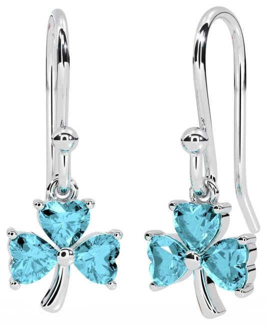 Aquamarine Silver Shamrock Dangle Earrings