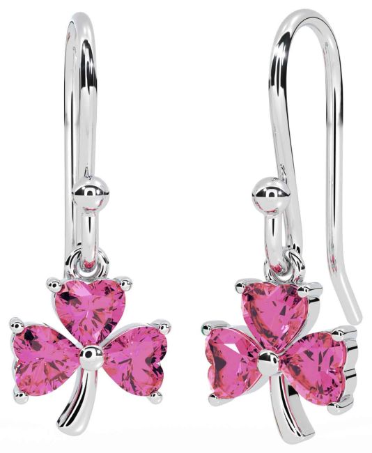 Pink Tourmaline Silver Shamrock Dangle Earrings