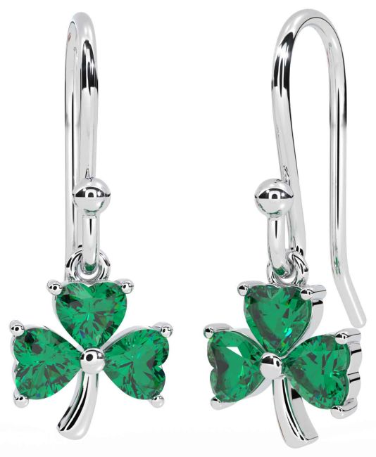Emerald White Gold Shamrock Dangle Earrings