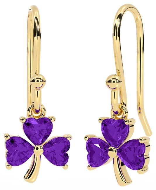 Amethyst Gold Shamrock Dangle Earrings