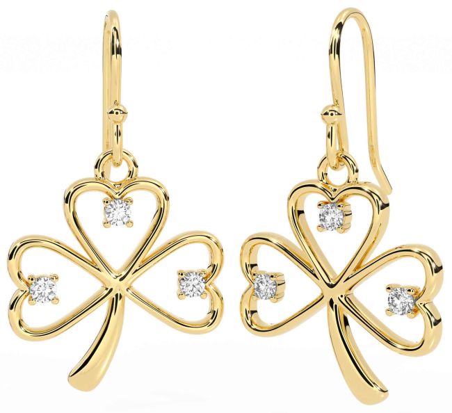 Diamond Gold Silver Shamrock Dangle Earrings