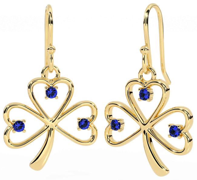 Sapphire Gold Silver Shamrock Dangle Earrings