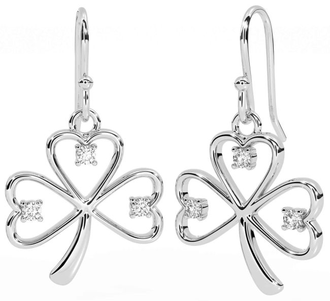 Diamond Silver Shamrock Dangle Earrings