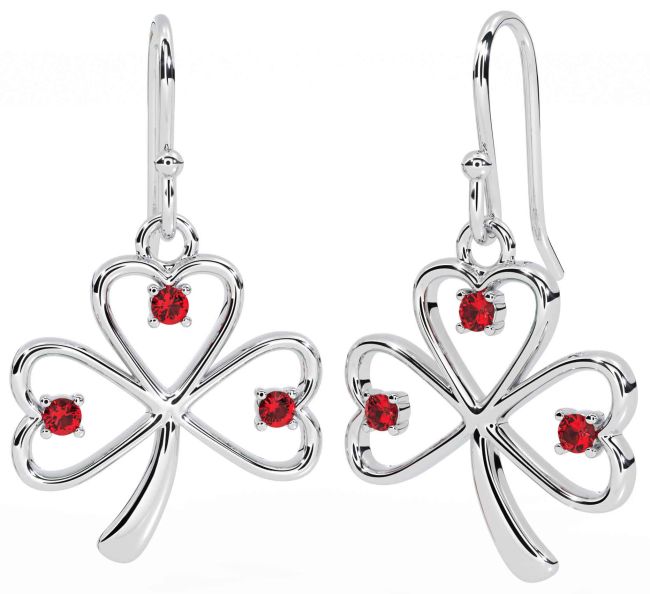 Ruby Silver Shamrock Dangle Earrings