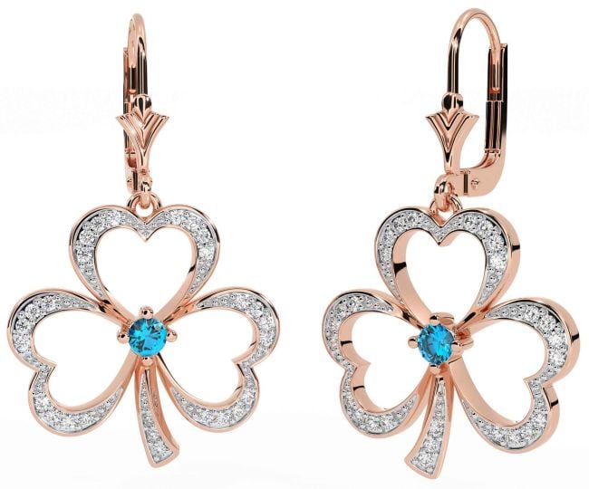 Diamond Topaz Rose Gold Silver Shamrock Dangle Earrings