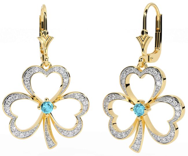 Diamond Aquamarine Gold Silver Shamrock Dangle Earrings