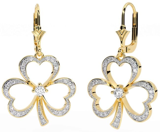 Diamond Gold Silver Shamrock Dangle Earrings