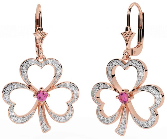 Diamond Pink Tourmaline Rose Gold Shamrock Dangle Earrings