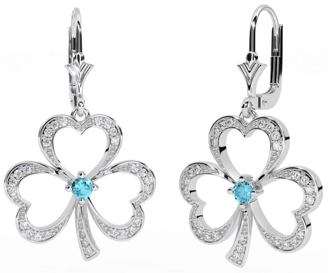 Diamond Aquamarine Silver Shamrock Dangle Earrings