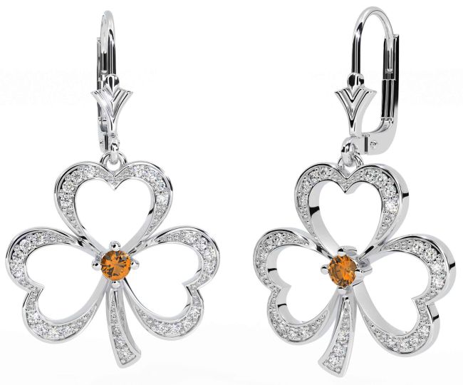 Diamond Citrine Silver Shamrock Dangle Earrings