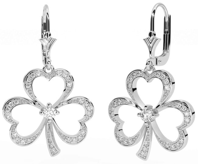 Diamond Silver Shamrock Dangle Earrings