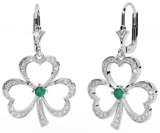 Diamond Emerald Silver Shamrock Dangle Earrings