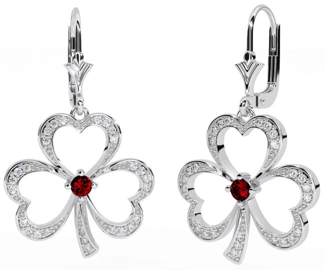 Diamond Garnet Silver Shamrock Dangle Earrings