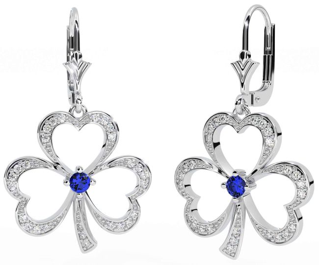 Diamond Sapphire Silver Shamrock Dangle Earrings